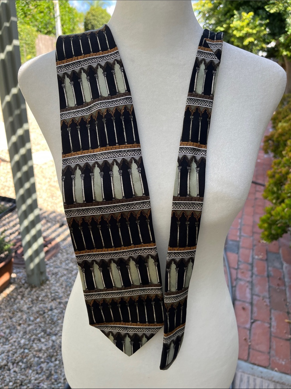 Vintage  Patterned Silk Tie in Black, Gray, Sage, Gold